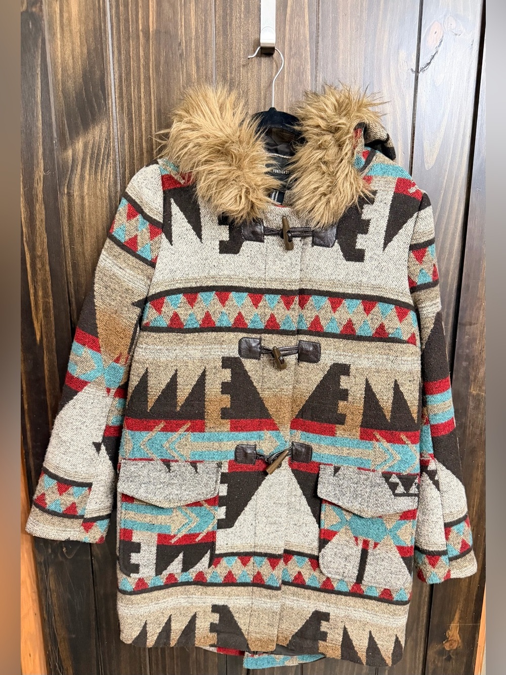 Aztec Wool blend Toggle Jacket with Faux Fur hood. Size: Medium